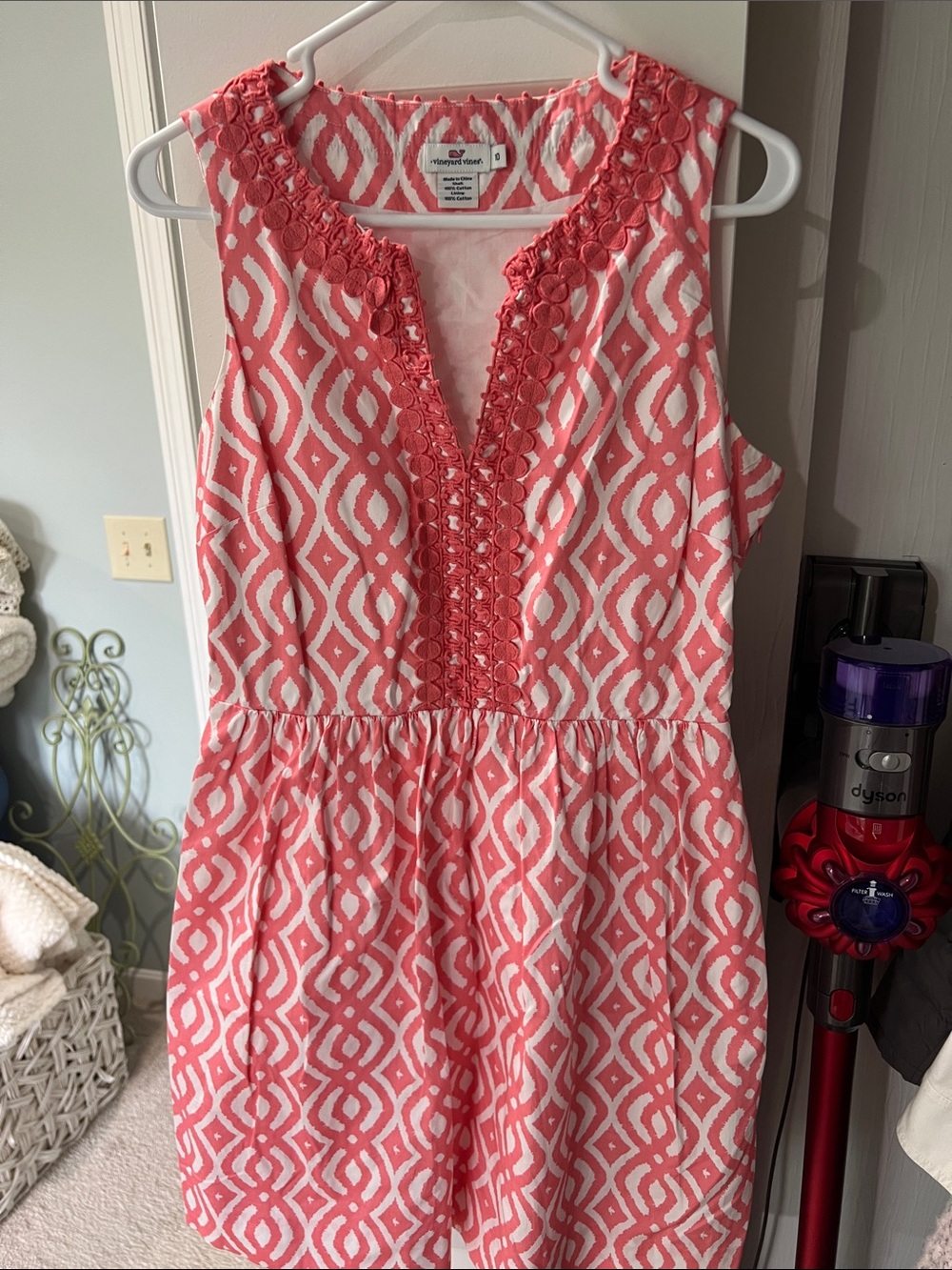 Vineyard Vines Coral and White Sleeveless Geometric Shift Dress